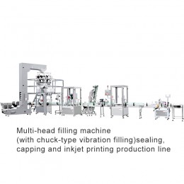 Multi-head filling machine(with chuck-type vibration filling)sealing,capping and inkjet printing production line